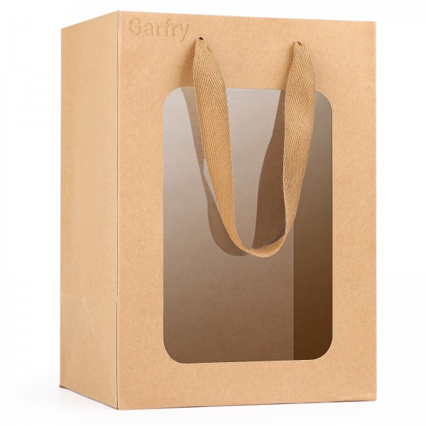 Garfry Gift Bag with Window,  Kraft Paper Tote Shopping Bags with Transparent Window, Clear Bouquet Gift Bags With Handle for Gift Wrapping Festival Party Gifts